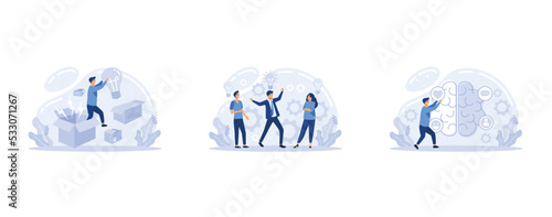 Motivational creative metaphor with quote think outside the box think differently emotional intelligence. Being different, standing out from crowd, set flat vector modern illustration