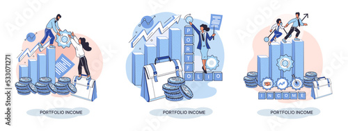 Investment portfolio income dollars currency, buy sell trading, market exchange value metaphor, businessman investor or trader balance portfolio with coins. Financiers analyzing stock market profit