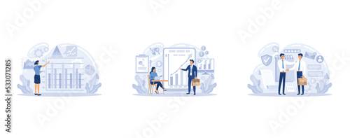 Market analysis, financial advizor, customer relationship manager business profession set. Man analyzes documents, set flat vector modern illustration