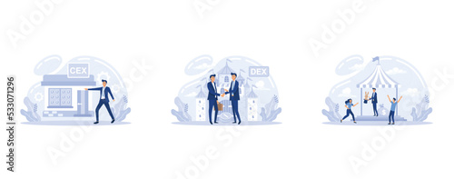 ICO , IEO, IDO metaphor. Investment funds. Blockchain ICO. Pre-sale Ventures. Initial coin offering. Investing at initial stage. ICO tokens. IT startup crowdfunding, set flat vector modern illustratio