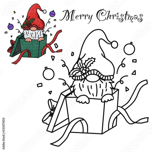 Christmas gnomes and the gift, for coloring book on a white background.