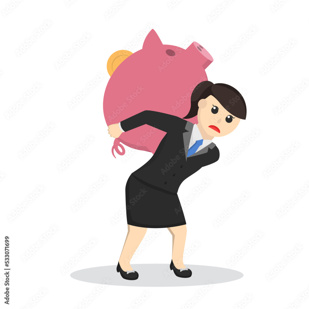 business woman secretary carrying piggy bank design character on white background business woman secretary carrying piggy bank design character on white background