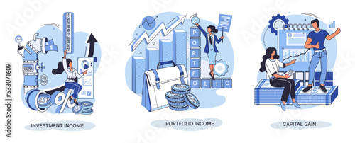 Capital gain, portfolio income, investment income. Investments and bonds, cash flow money slot, mutual fund, finance abstract metaphor. Money investing financiers analyzing stock market profit dollars