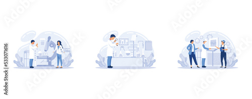 Medical research, laboratory diagnostic services, medical device design and development vector set. Bio technology and science, chemical engineering, laboratory equipment, set flat vector modern illus