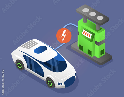 Modern electric smart car charging, automobile parking at charger station with plug in cable. Electrified future transportation e-motion. Environmentally friendly transport using renewable energy