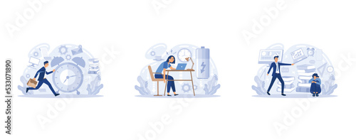 Stressed characters workload, deadline. Exhausted employees distressed with job. Work fatigue and stress concept. Owerworking people, workaholics with emotional disorder metaphor, set flat vector mode photo