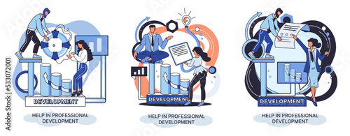 Qualified employee training program. Refresher course metaphor. Help in professional development. Learning for software development and growth. Agile project management team project life scrum meeting