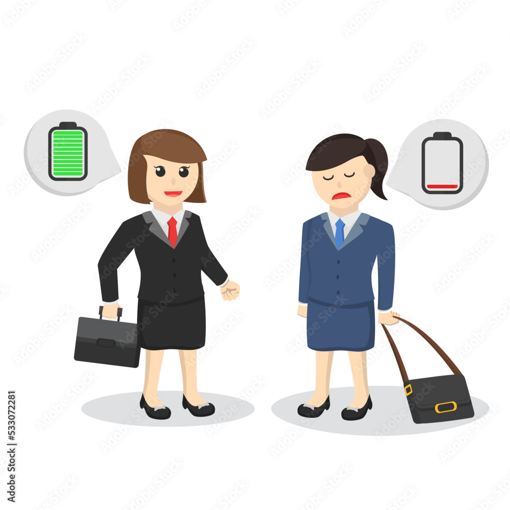 business woman secretary full and low battery energy design character on white background business woman secretary full and low battery energy design character on white background