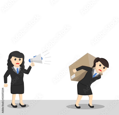 business woman secretary forced to work hard design character on white background