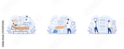 Mobile medicine mhealth online doctor, online medical services, health care program, talk to doctor from anywhere. Smartphone with medical application, set flat vector modern illustration