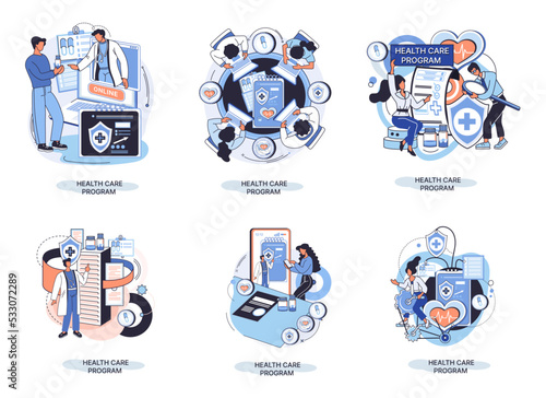 Health care program metaphor, online medical services, protection medicine. Medical insurance, hospital services, preventive check up, sick leave certificate treatment diagnosis patients, telemedicine