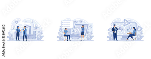 Antivirus software development metaphor. Malware, computer virus and spyware, industrial cybersecurity management. Online programs personal data protection, set flat vector modern illustration