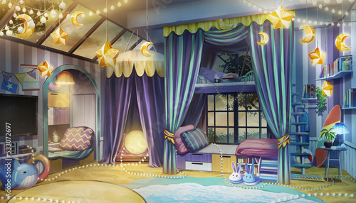 Game Art Fantasy interior bedroom design with summer beach and winter star theme at dawn, the light ofn, Digital CG Artwork, Vtuber background, Anime background	
 photo