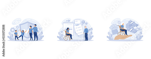 Families with children protection. Disabled and retired people financial support. Social security, social-security benefit, care allowance metaphors, set flat vector modern illustration