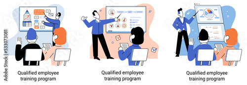 Qualified employee training program. Refresher course metaphor. Help in professional development. Learning for software development and growth. Agile project management team project life scrum meeting