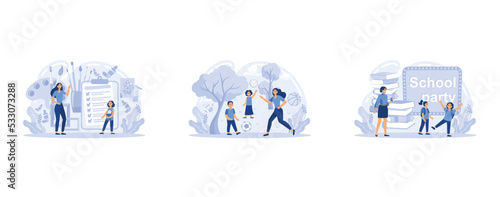 School supplies, after school activities, celebration party, kids stationery, debate team, student newspaper, backpack abstract metaphor, set flat vector modern illustration