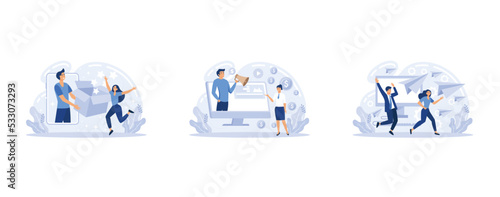 Impression management, promote your business, entrepreneurship, personal brand strategy, social interaction and influence abstract metaphor, set flat vector modern illustration