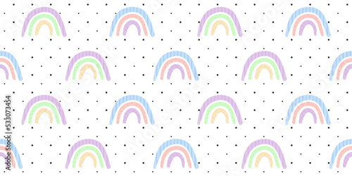 Hand drawn rainbow with textile texture on a white background with black polka dots. Vector seamless pattern for cover, surface texture, wrapping paper, packaging, printing on fabric, clothes and bags