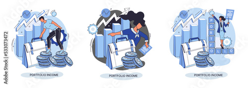 Investment portfolio income dollars currency, buy sell trading, market exchange value metaphor, businessman investor or trader balance portfolio with coins. Financiers analyzing stock market profit