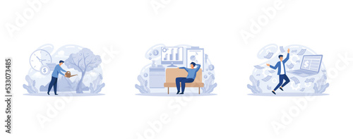 Passive income, making money, active income, cash flow. Receiving profit. Idea of business success and financial growth. Commerce activity progress and increasing incomes, set flat vector modern illus