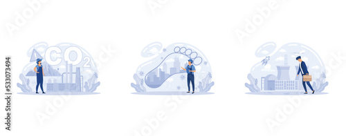 Environmental, ecological problems air and atmosphere pollution, causes of climate change. Record high levels of carbon dioxide co2 atmosphere. Carbon footprint and its consequences, set flat vector m