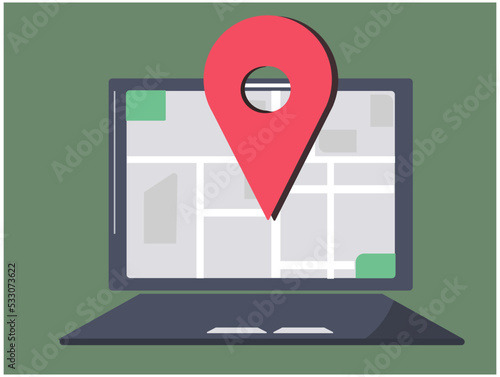 パソコンで目的地を調べる。ナビ、GPS、位置情報。ベクターイラスト