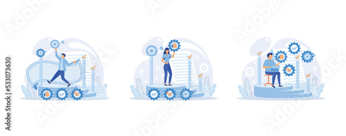 Action business plan, development strategies, foreseeing market risks. Company success secret, idea growing business achieve target, study production and sales market, set flat vector modern illustrat