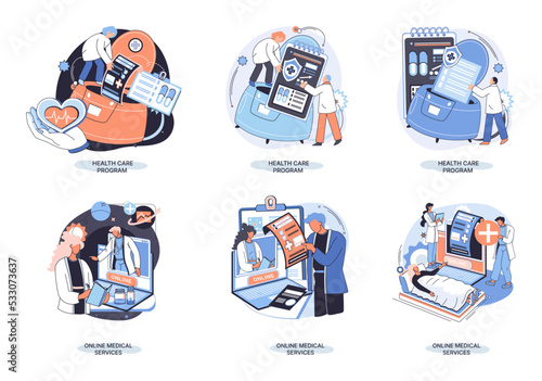 Health care program metaphor, online medical services, protection medicine. Medical insurance, hospital services, preventive check up, sick leave certificate treatment diagnosis patients, telemedicine