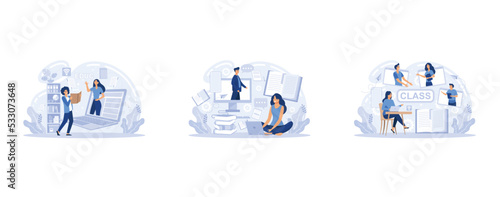 E-learning banners set. Online education, home schooling, online classes, training and courses. Web tutorials concept. Education vlog, set flat vector modern illustration