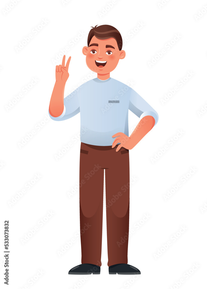 Positive young guy. Man shows two fingers and smiles. Welcoming and friendly character. Reaction for messengers. Emotions, gestures and expression. Mood and feelings. Cartoon flat vector illustration Positive young guy. Man shows two fingers and smiles. Welcoming and friendly character. Reaction for messengers. Emotions, gestures and expression. Mood and feelings. Cartoon flat vector illustration