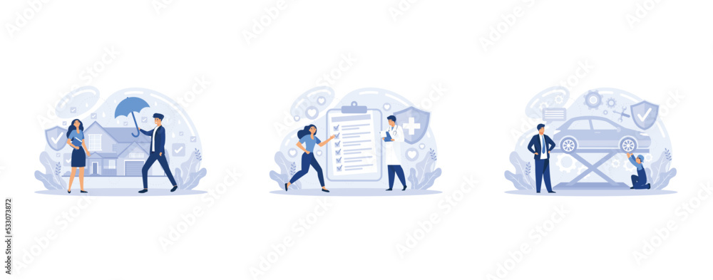 Applying for home, car and health insurance. Safety for accidents and risks. Investment in insurance policy to protect property, set flat vector modern illustration Applying for home, car and health insurance. Safety for accidents and risks. Investment in insurance policy to protect property, set flat vector modern illustration