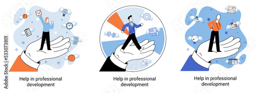 Help in professional development metaphor. Qualified employee training program. Refresher course. Human resource management organization. Business education workshop. School personality growth in team