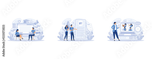 Online education, classes, workshop and language tutoring, video call, educational webinar, personal tutor training and courses, set flat vector modern illustration