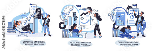 Qualified employee training program. Refresher course metaphor. Help in professional development. Learning for software development and growth. Agile project management team project life scrum meeting
