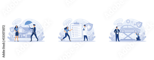 Applying for home, car and health insurance. Safety for accidents and risks. Investment in insurance policy to protect property, set flat vector modern illustration