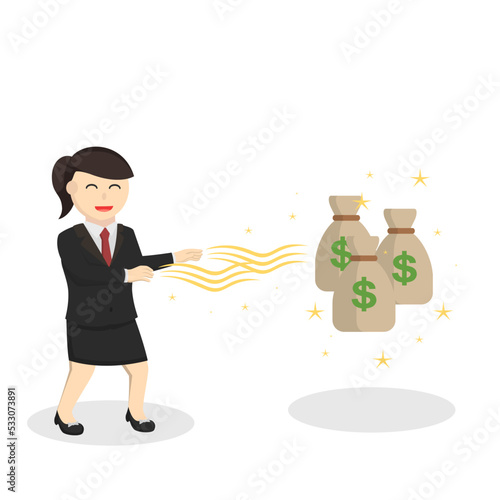 business woman secretary take a money with magic design character on white background