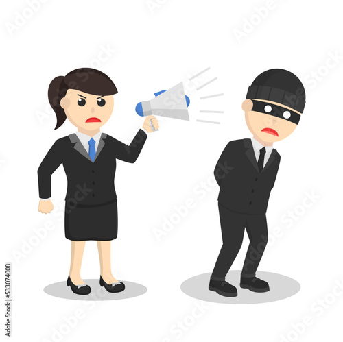 business woman secretary thief caught in the act design character on white background