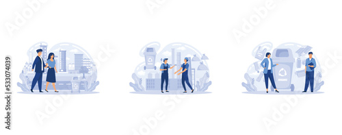 Ecology clean city, waste management recycling, caring nature and environment. People sport lifestyle and urban technology. No car day, garbage sorting and processing, set flat vector modern illustrat