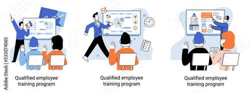Qualified employee training program. Refresher course metaphor. Help in professional development. Learning for software development and growth. Agile project management team project life scrum meeting