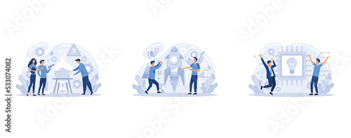 Teamwork solving complex problems, combining different talents to achieve common goal. Effective business solution strategy and complex task cooperation as successful performance process, set flat vec