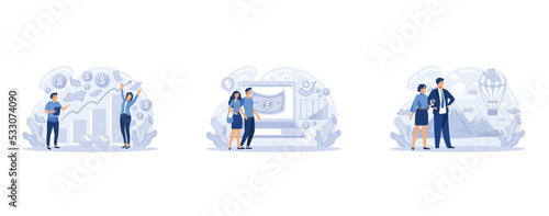 Capital gain, portfolio income, investment income. Investments and bonds, cash flow money slot, mutual fund, Money investing financiers analyzing stock market profit dollars, set flat vector modern il
