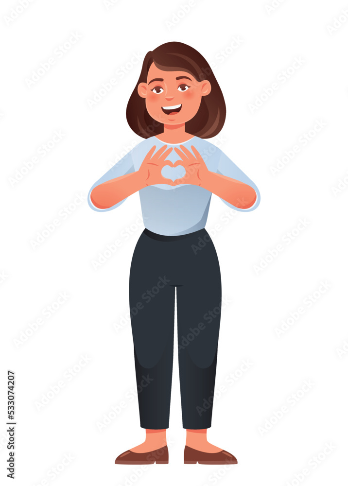 Positive young girl. Woman shows heart from fingers and smiles. Love, tenderness and care. Friendly and welcoming character. Gestures, emotions and expression. Cartoon flat vector illustration Positive young girl. Woman shows heart from fingers and smiles. Love, tenderness and care. Friendly and welcoming character. Gestures, emotions and expression. Cartoon flat vector illustration