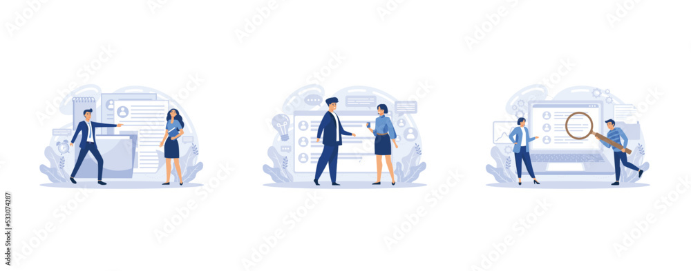 Fototapeta premium Human resources manager hiring employee or workers. HR management software, looking for job candidates. Employment, job search, set flat vector modern illustration
