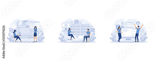 Website architecture concept. PHP and MySql. CMS content management system. Web development. Software testing. Interface design, Graphic elements set, set flat vector modern illustration