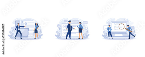 Human resources manager hiring employee or workers. HR management software, looking for job candidates. Employment, job search, set flat vector modern illustration