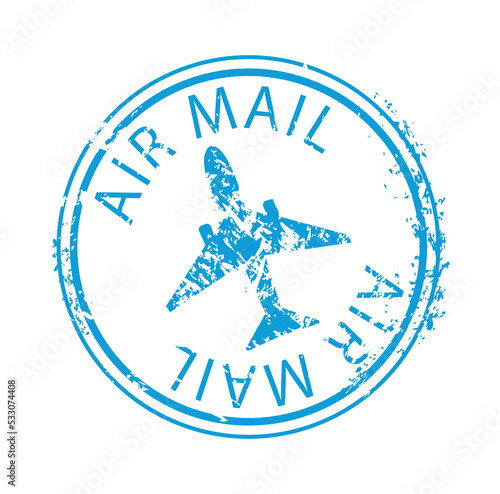 Blue post mark. Round stamp with AIR Mail inscription and airplane icon. Remote interaption and international communication, business correspondence, letter and mail. Cartoon flat vector illustration