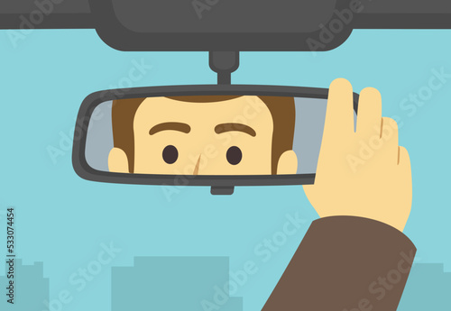 Male car driver adjusting rear view mirror in a car. Close-up of a driver looking at rear mirror. Flat vector illustration template.