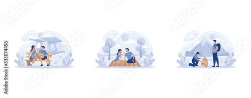 Outdoor leisure activity flat icons set. Backpacking and trekking holiday on nature. Summer camping, summer picnic, summer hiking metaphors, set flat vector modern illustration