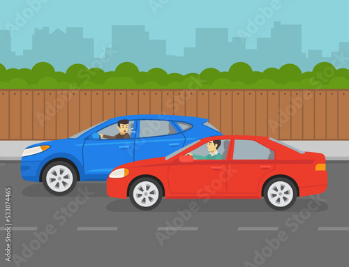 Driving tips and traffic regulation. Aggressive male driver yelling at other driver on road. Road rage scene. Flat vector illustration template.