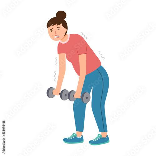 Weak woman doing exercise in flat design on white background.